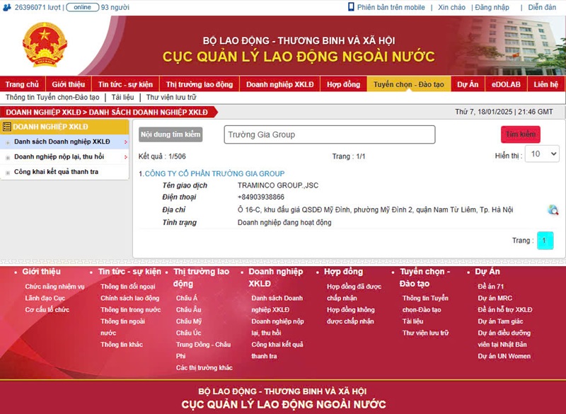 Tra cứu công ty trên website chính thức của Bộ Lao động Thương binh và Xã hội